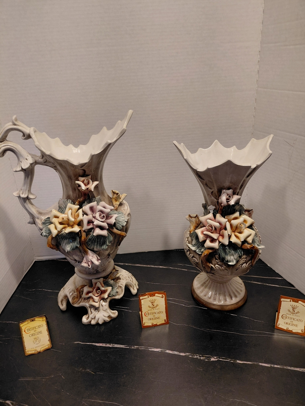 Vintage Capodimonte Ceramic Floral Accent Vase Pair in Cream with Pastel Flowers